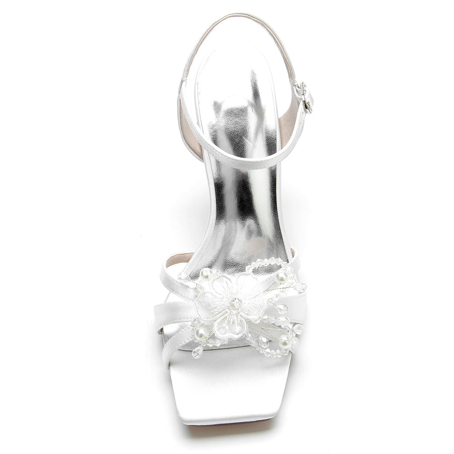 Women's Wedding Shoes Opened Toe High Heel Bridal Shoes with Pearls & Flowers