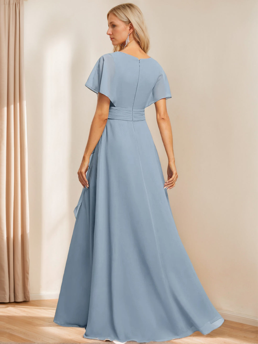 A Line V Neck Flutter Sleeve Floor Length  Bridesmaid Dresses with Pockets  with Slit Ruffles