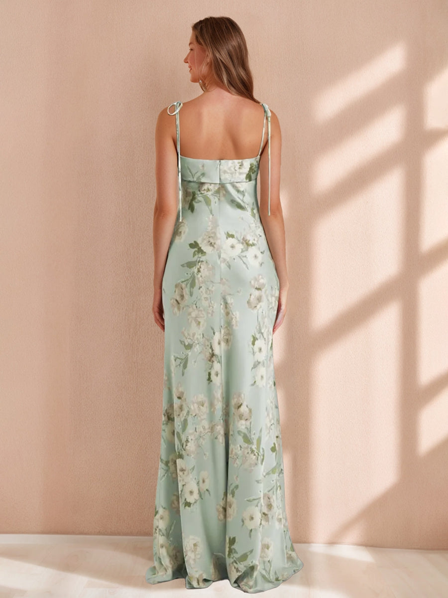 Sheath/Column Spaghetti Straps Sleeveless Printed Floral Long Bridesmaid Dresses with Ruffles