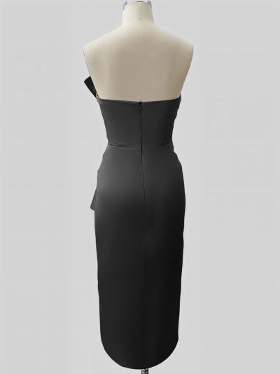 Sheath/Column Strapless Sleeveless Tea-Length Ruched Bridesmaid Dresses with Slit
