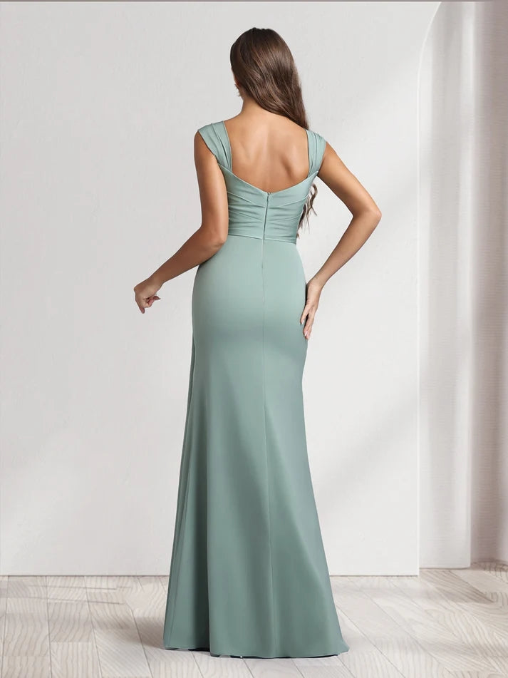 Sheath/Column Square Neck Long Ruched Bridesmaid Dresses with Split Side