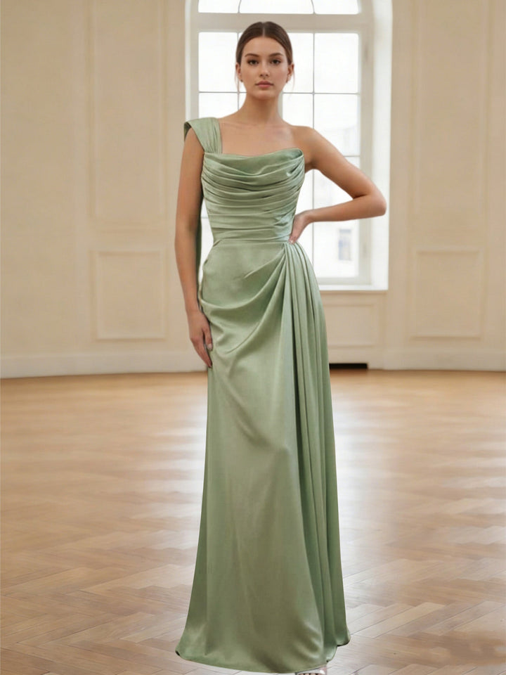 Sheath/Column One-Shoulder Silk Satin Bridesmaid Dresses Sleeveless Floor-Length Ruched