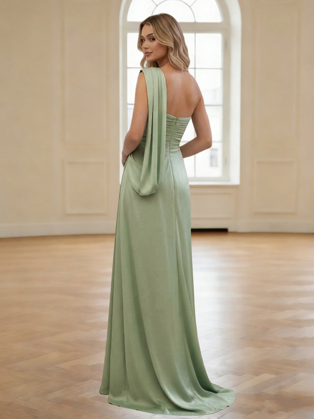 Sheath/Column One-Shoulder Silk Satin Bridesmaid Dresses Sleeveless Floor-Length Ruched