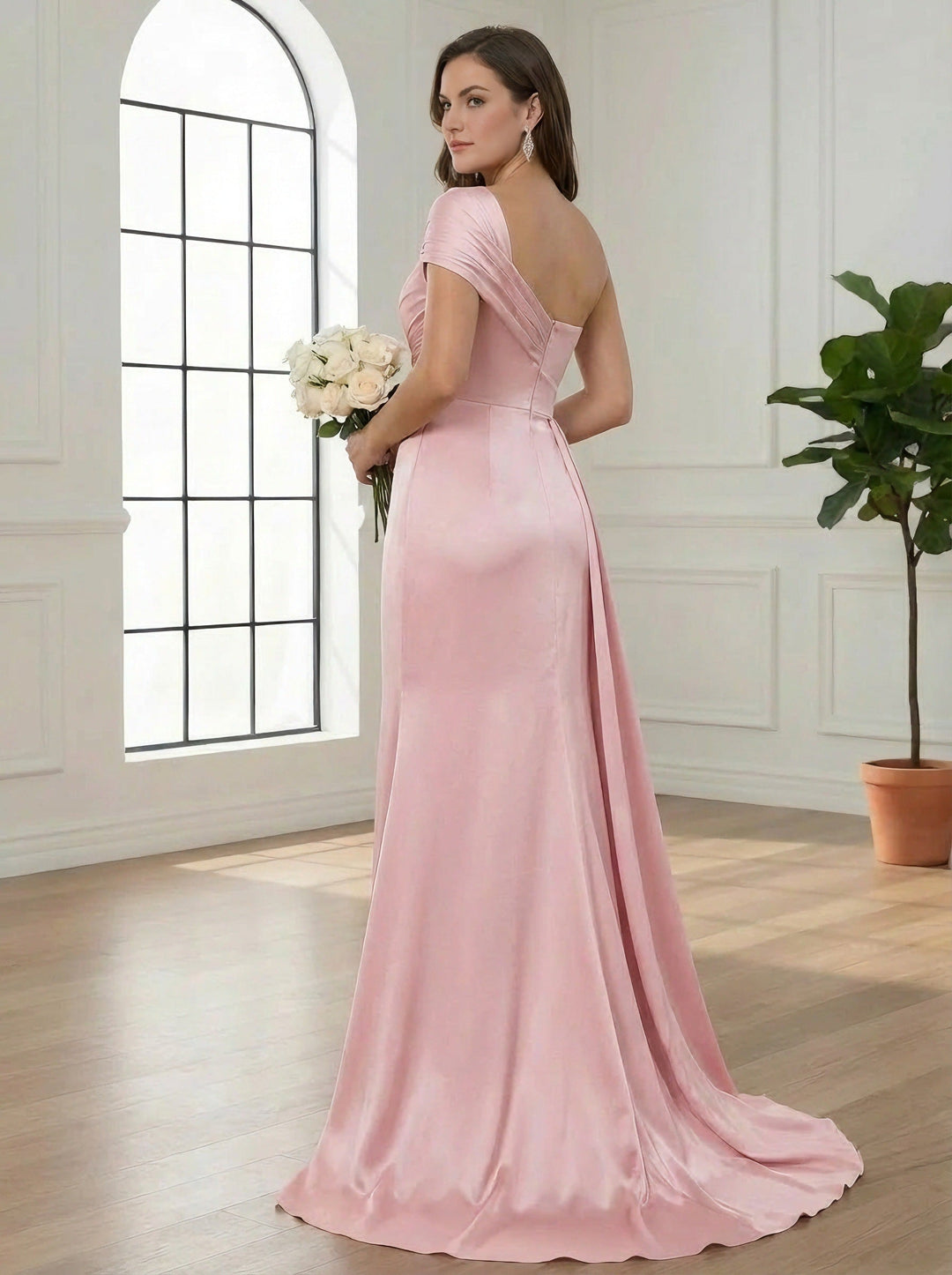 Trumpet/Mermaid One-Shoulder Bridesmaid Dresses with Watteau Train Silk Satin Sleeveless Floor-Length