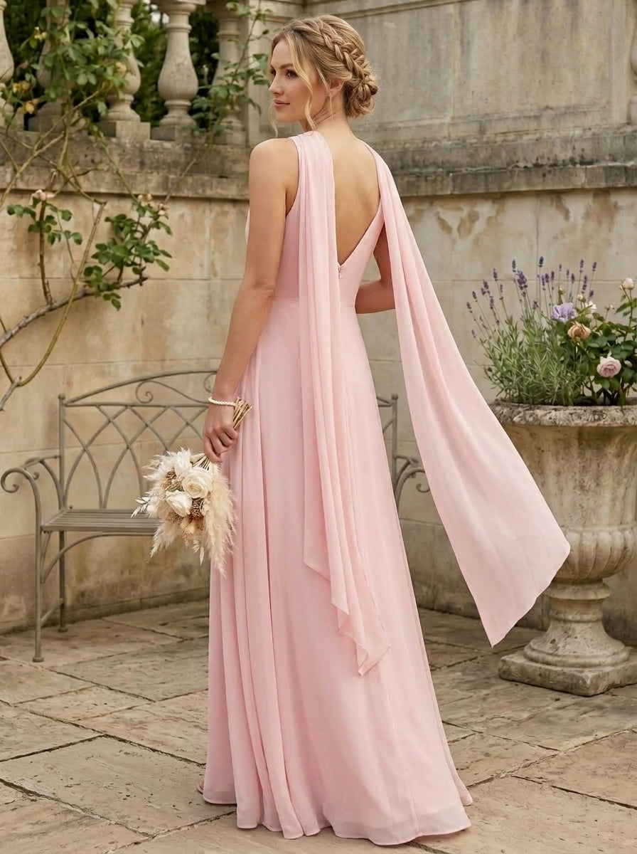A-Line/Princess Cowl Neck Sleeveless Floor-Length Chiffon Bridesmaid Dresses With High Split