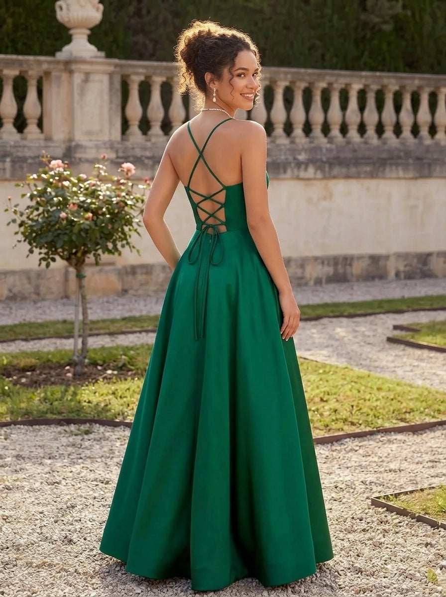 A-Line/Princess Square Neckline Satin Bridesmaid Dresses Sleeveless Floor-Length With Bow