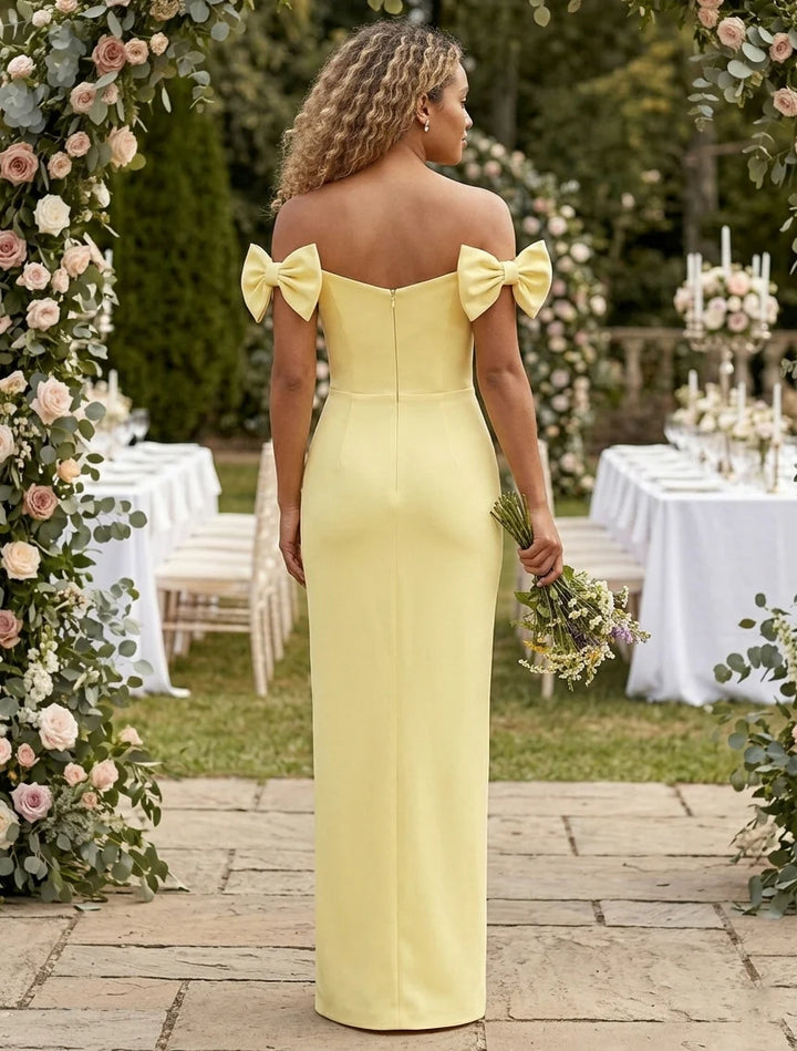 Sheath/Column Satin Off-the-Shoulder Bridesmaid Dresses with Bowknot Sleeveless Floor-Length