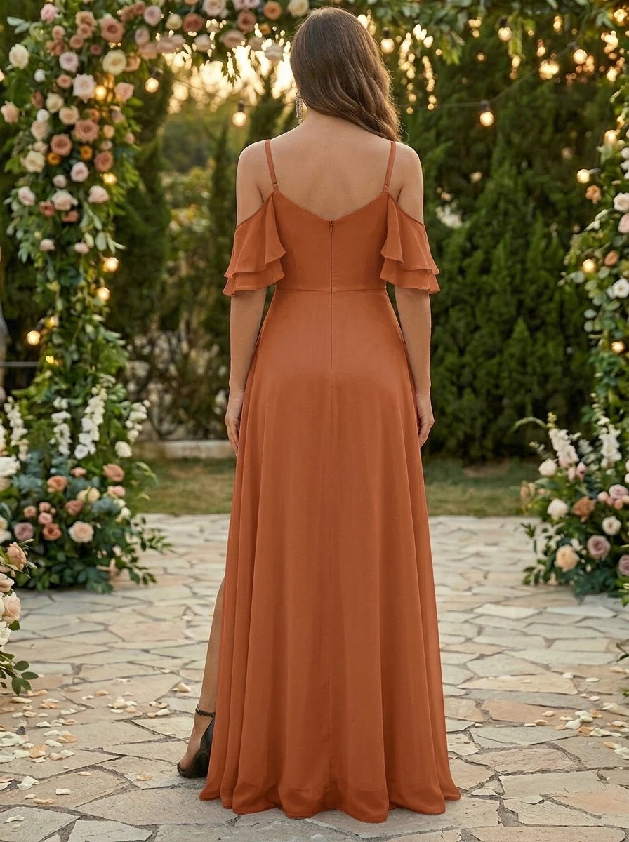 A-Line/Princess Spaghetti Straps Chiffon Bridesmaid Dresses with Split Side Short Sleeves Floor Length