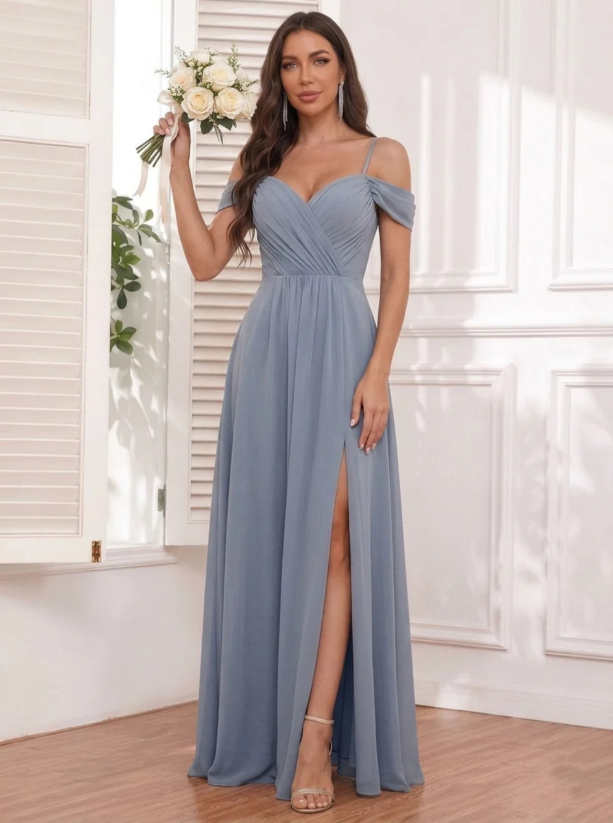 A-Line/Princess Spaghetti Straps Chiffon Bridesmaid Dresses with Split Side Sleeveless Floor-Length Ruched