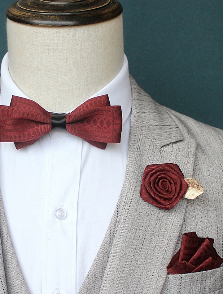 Men's Bow Tie Solid colour Black Yellow Wine Set
