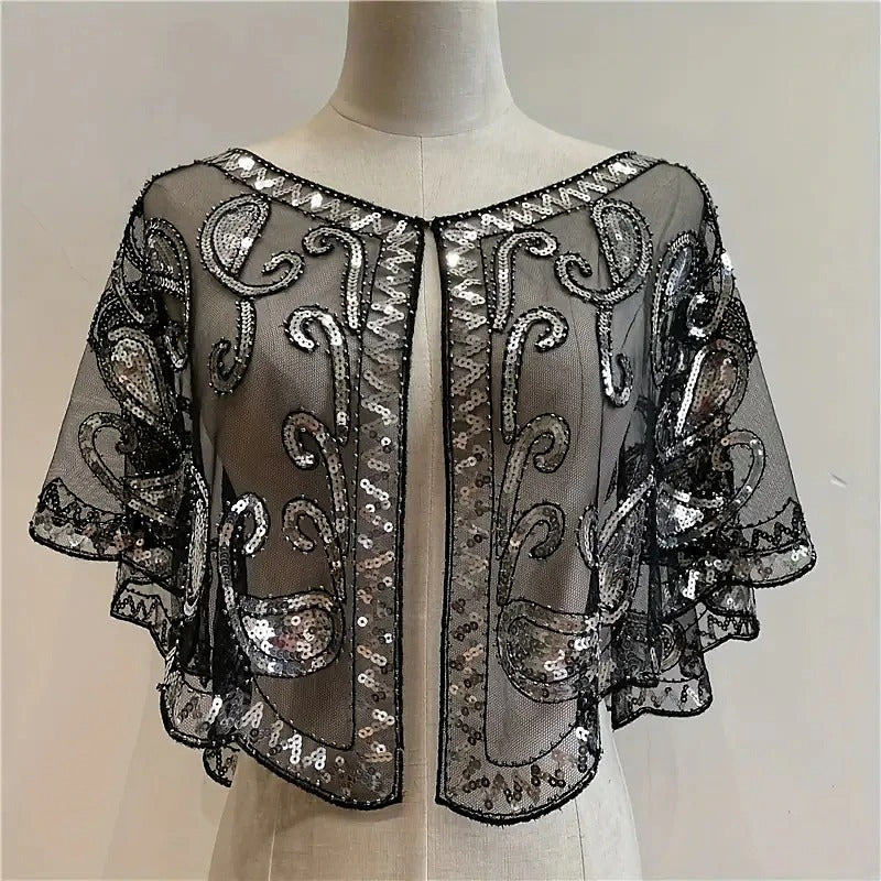 Women's Wrap Cape Vintage Sleeveless Sequind Solid colour Wraps with Beadings