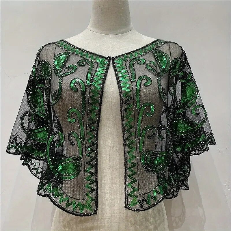Women's Wrap Cape Vintage Sleeveless Sequind Solid colour Wraps with Beadings