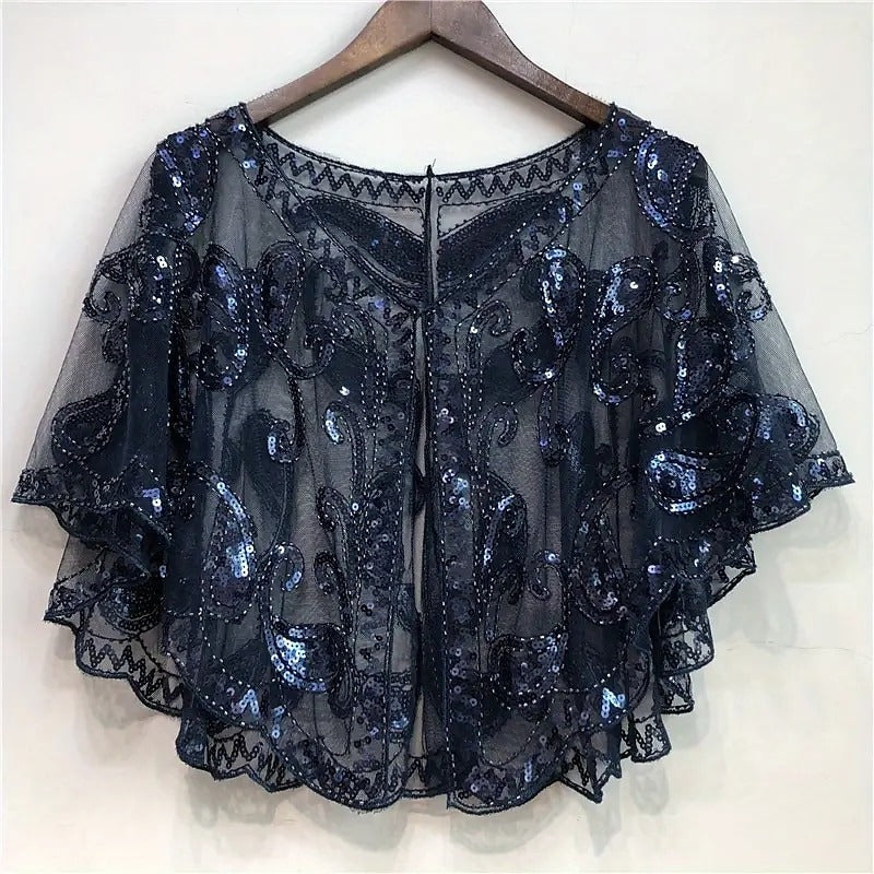 Women's Wrap Cape Vintage Sleeveless Sequind Solid colour Wraps with Beadings
