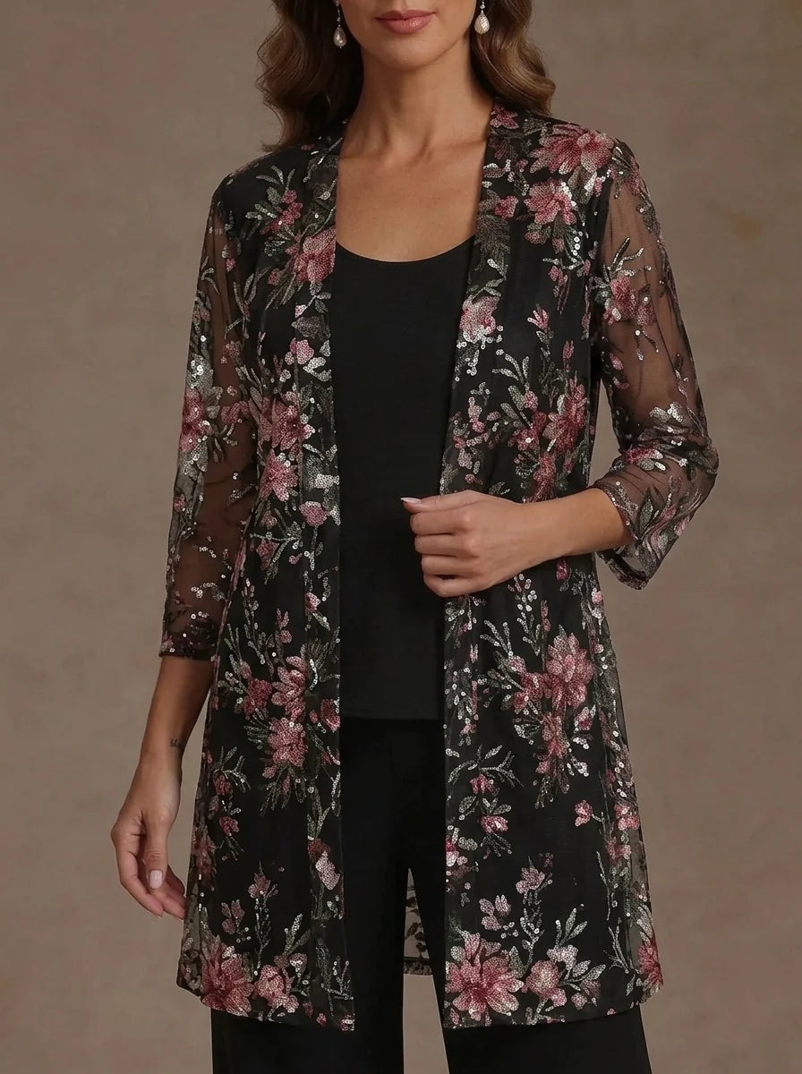 Women's Coats/Jackets Floral Sequin Wraps 3/4 Sleeves Open-Front