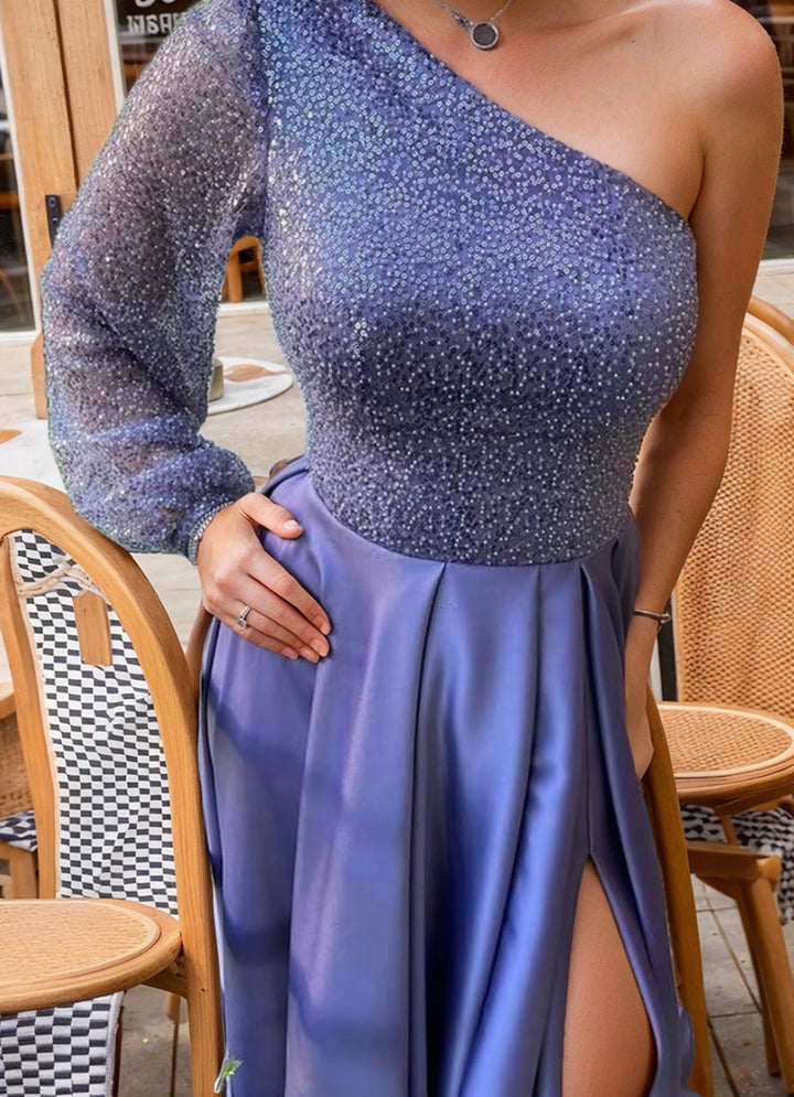 A-Line/Princess One-Shoulder Sequined Elegant Evening Dresses with Split Side & Beadings
