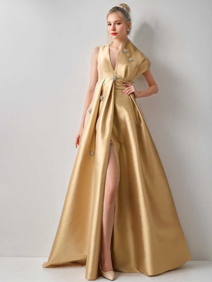 A-Line/Princess V-Neck Sleeveless High-End Evening Dresses with High Split & Beadings & Pocket
