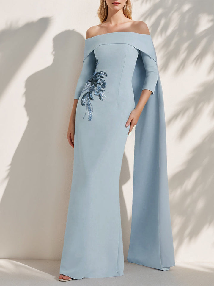 Sheath/Column Off-the-Shoulder 3/4 Sleeves Floor-Length Evening Dresses with Appliques