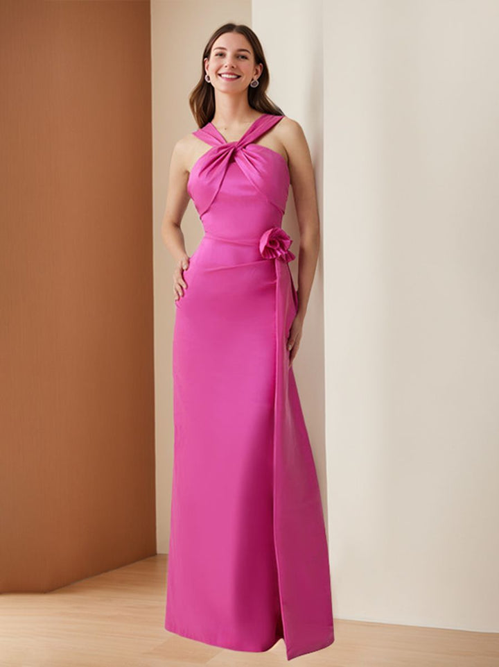 Sheath/Column Criss Cross Sleeveless Floor-Length Evening Dresses with 3D Flower