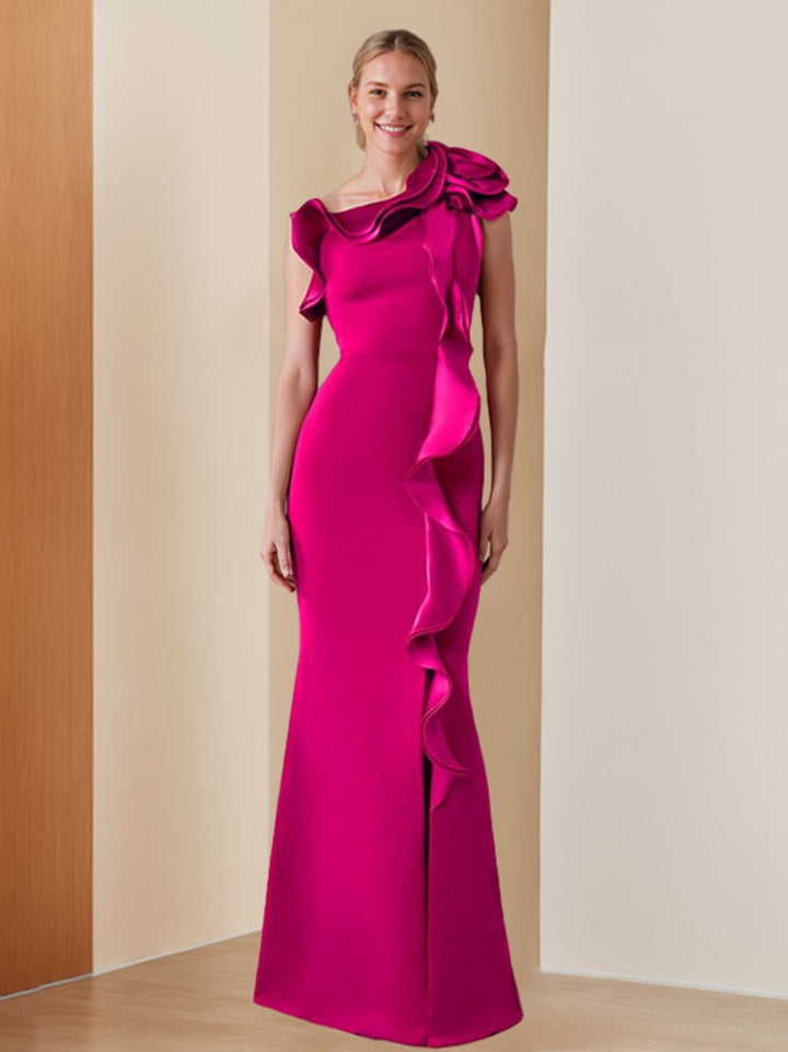 Sheath/Column One-Shoulder Sleeveless Floor-Length Chic Evening Dresses with Ruffles