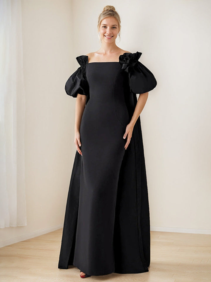 Gown Black Off-the-Shoulder Short Sleeves Floor-Length Chic Evening Dresses with Ruffles