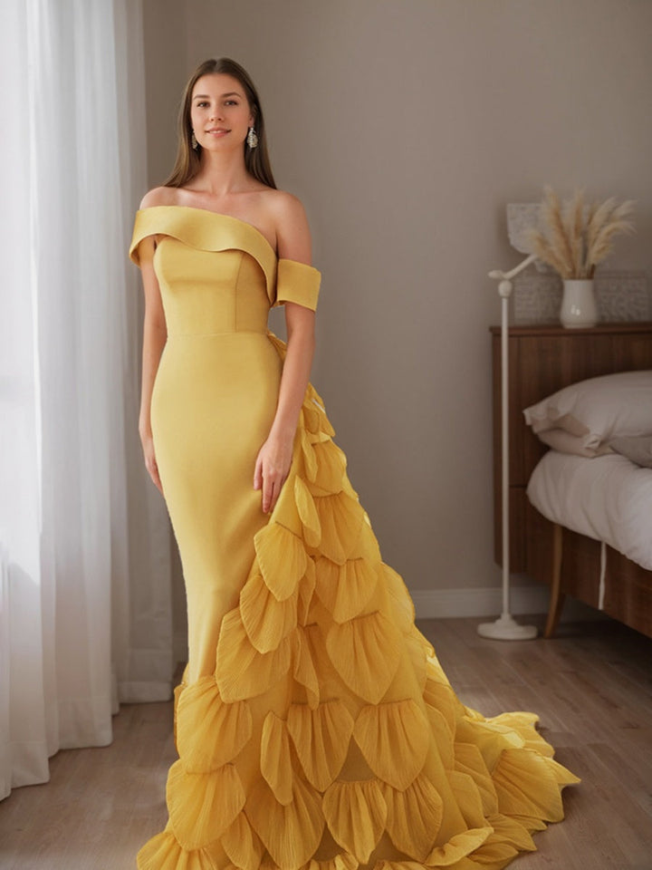 Trumpet/Mermaid Off-the-shoulder Floor-Length Evening Dresses with Ruffles & Lace-up & Scales