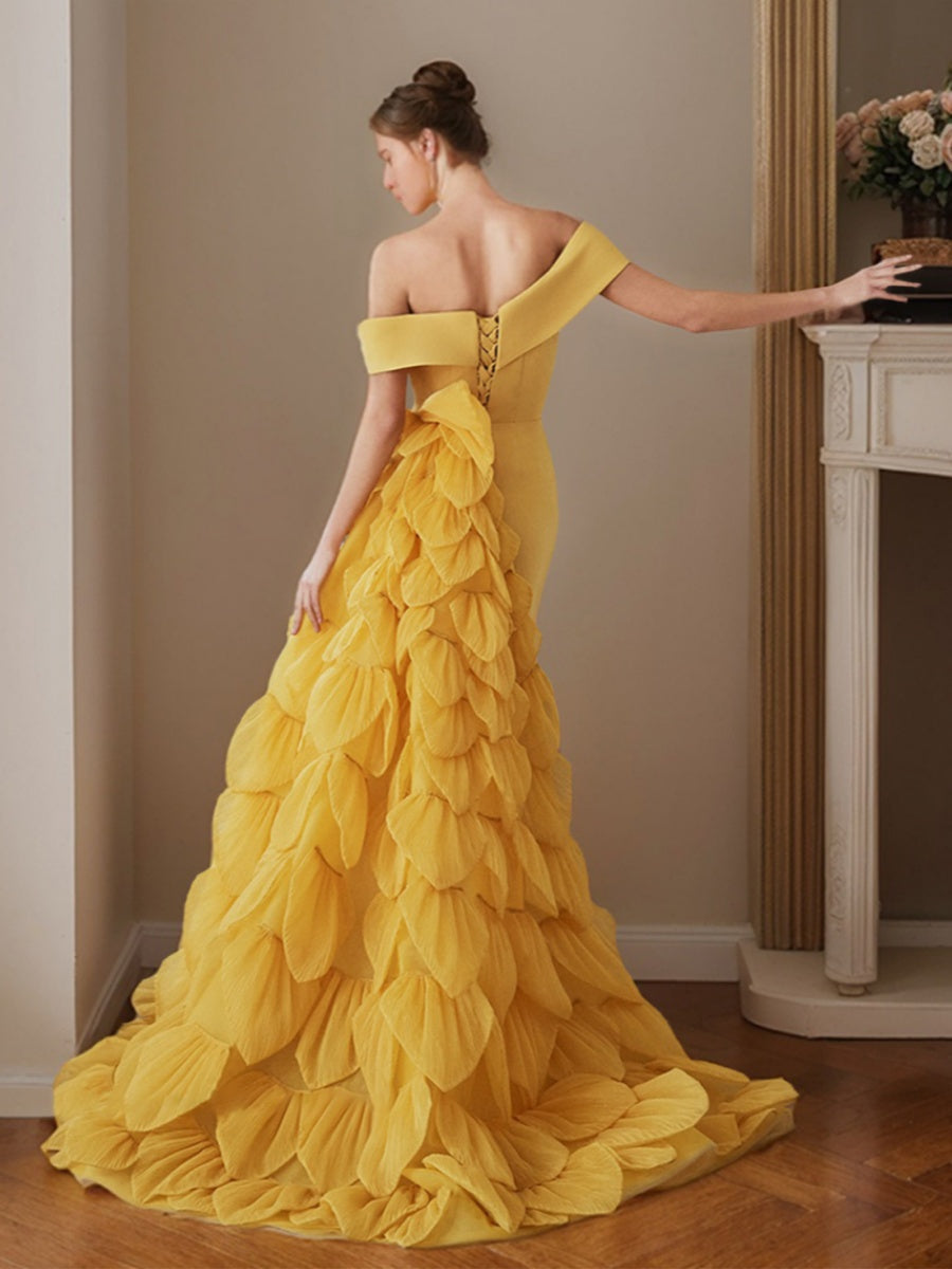 Trumpet/Mermaid Off-the-shoulder Floor-Length Evening Dresses with Ruffles & Lace-up & Scales