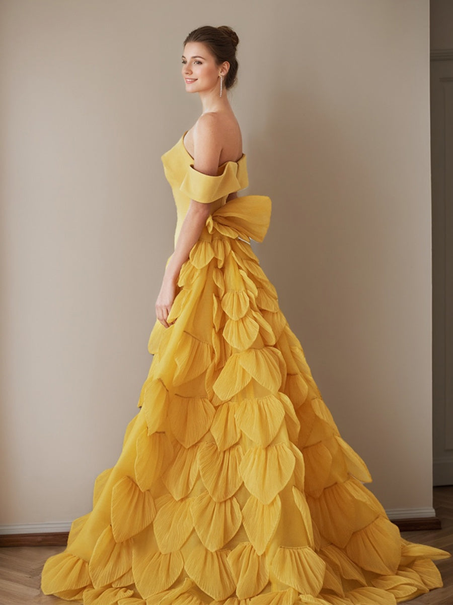 Trumpet/Mermaid Off-the-shoulder Floor-Length Evening Dresses with Ruffles & Lace-up & Scales