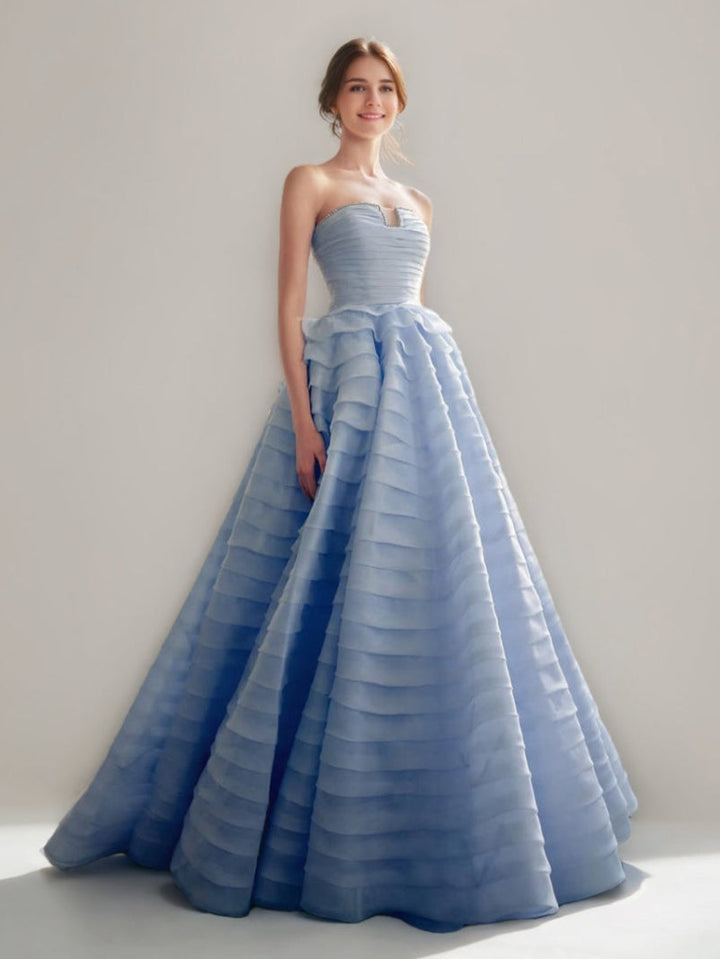 Ball Gown Elegant Strapless Sleeveless Floor-Length Tiered Evening Dresses with Lace-up & Crystals