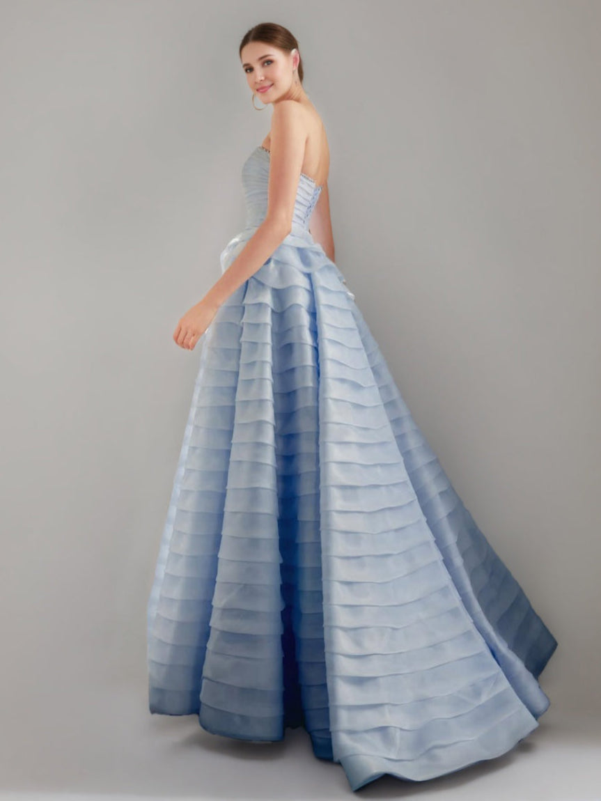 Ball Gown Elegant Strapless Sleeveless Floor-Length Tiered Evening Dresses with Lace-up & Crystals