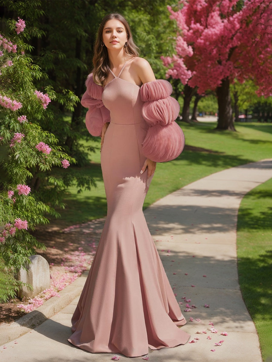 Trumpet/Mermaid Halter Pleated Floor-Length Evening Dresses with Detachable Sleeves