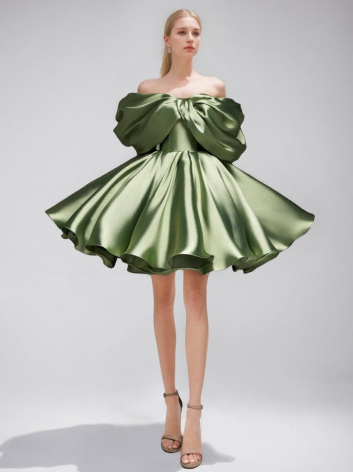 A-Line/Princess Off-the-shoulder Puff Sleeves Short/Mini Evening Dresses Pleats & Lace-Up