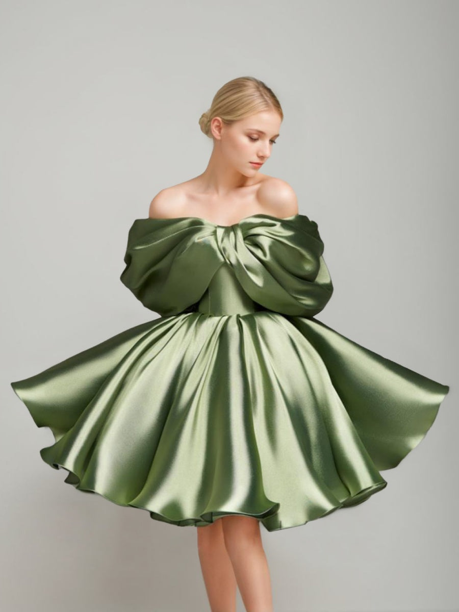 A-Line/Princess Off-the-shoulder Puff Sleeves Short/Mini Evening Dresses Pleats & Lace-Up