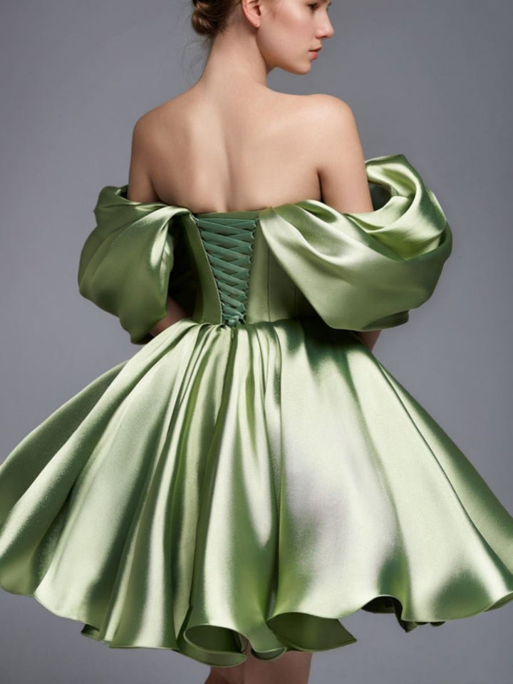 A-Line/Princess Off-the-shoulder Puff Sleeves Short/Mini Evening Dresses Pleats & Lace-Up