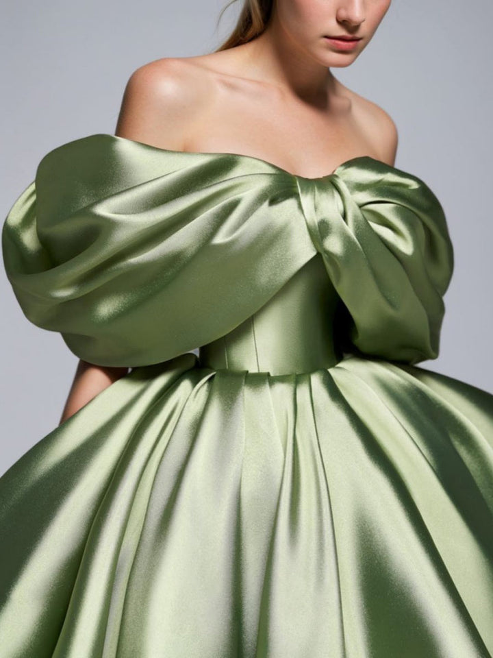 A-Line/Princess Off-the-shoulder Puff Sleeves Short/Mini Evening Dresses Pleats & Lace-Up