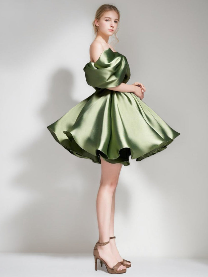 A-Line/Princess Off-the-shoulder Puff Sleeves Short/Mini Evening Dresses Pleats & Lace-Up