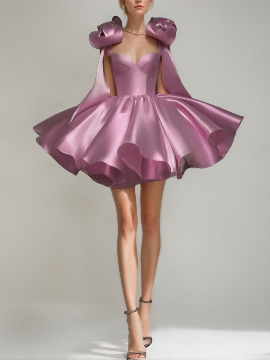 A-Line/Princess Sweetheart Sleeveless Short/Mini Evening Dresses with Bows & Pleats & Lace-Up