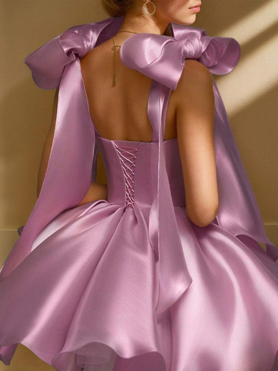A-Line/Princess Sweetheart Sleeveless Short/Mini Evening Dresses with Bows & Pleats & Lace-Up