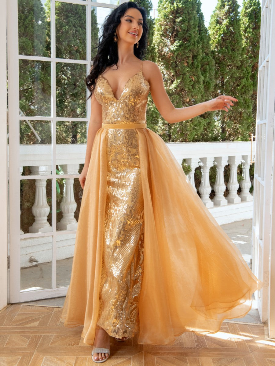 Sheath/Column V-Neck Sleeveless Floor-Length Evening Dresses with Detachable Tulle & Sequins