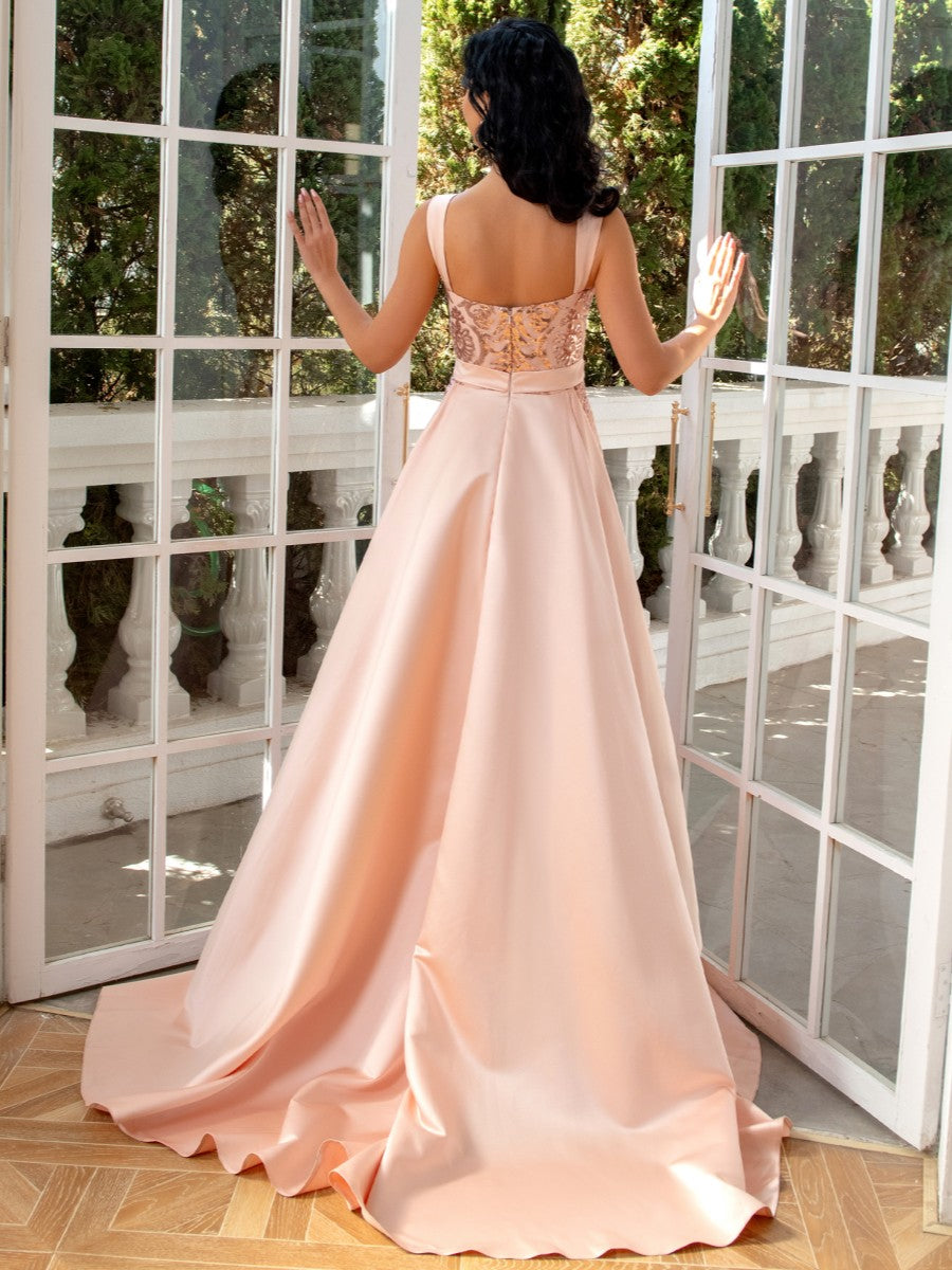 Sheath/Column Plunge V-Neck Sleeveless Floor-Length Evening Dresses with Watteau Train & Sequins & Slit