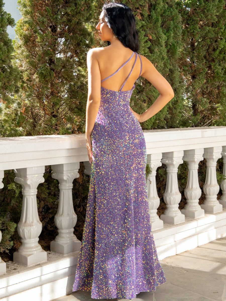 Trumpet/Mermaid One-Shoulder Sleeveless Floor-Length Evening Dresses with Slit & Sequins