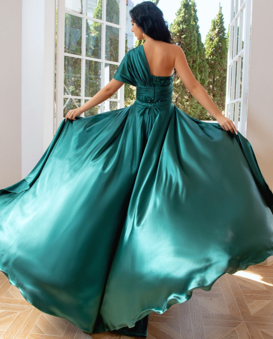 Sheath/Column One-Shoulder Ruched Evening Dresses with Sequins & Tulle & Detachable Train