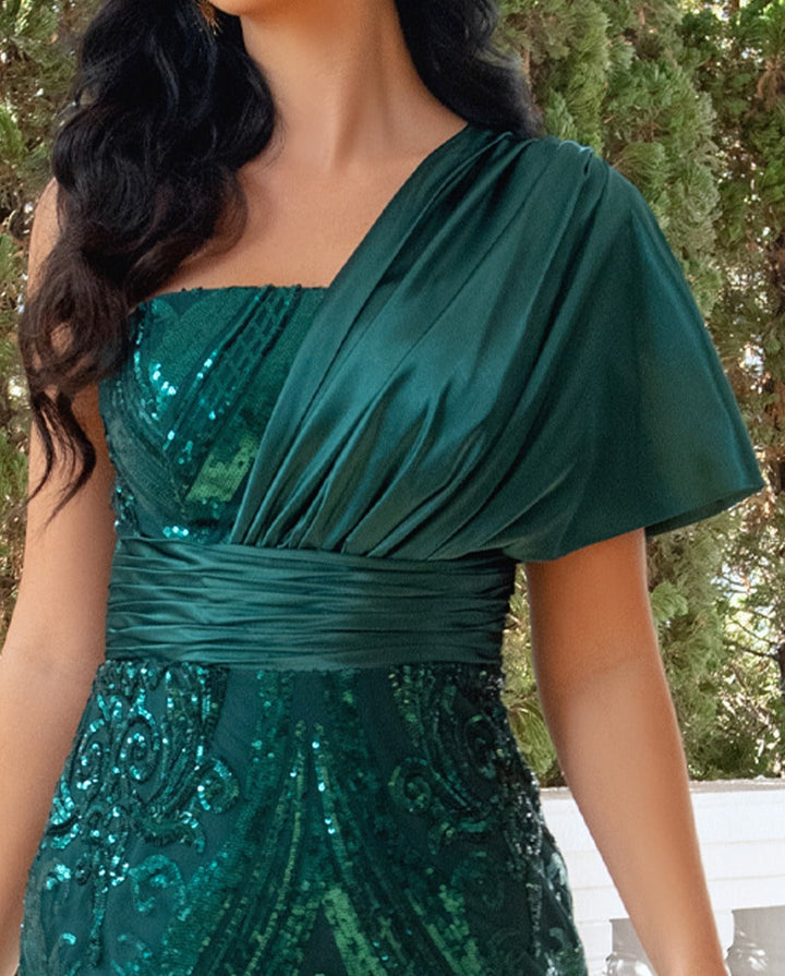 Sheath/Column One-Shoulder Ruched Evening Dresses with Sequins & Tulle & Detachable Train