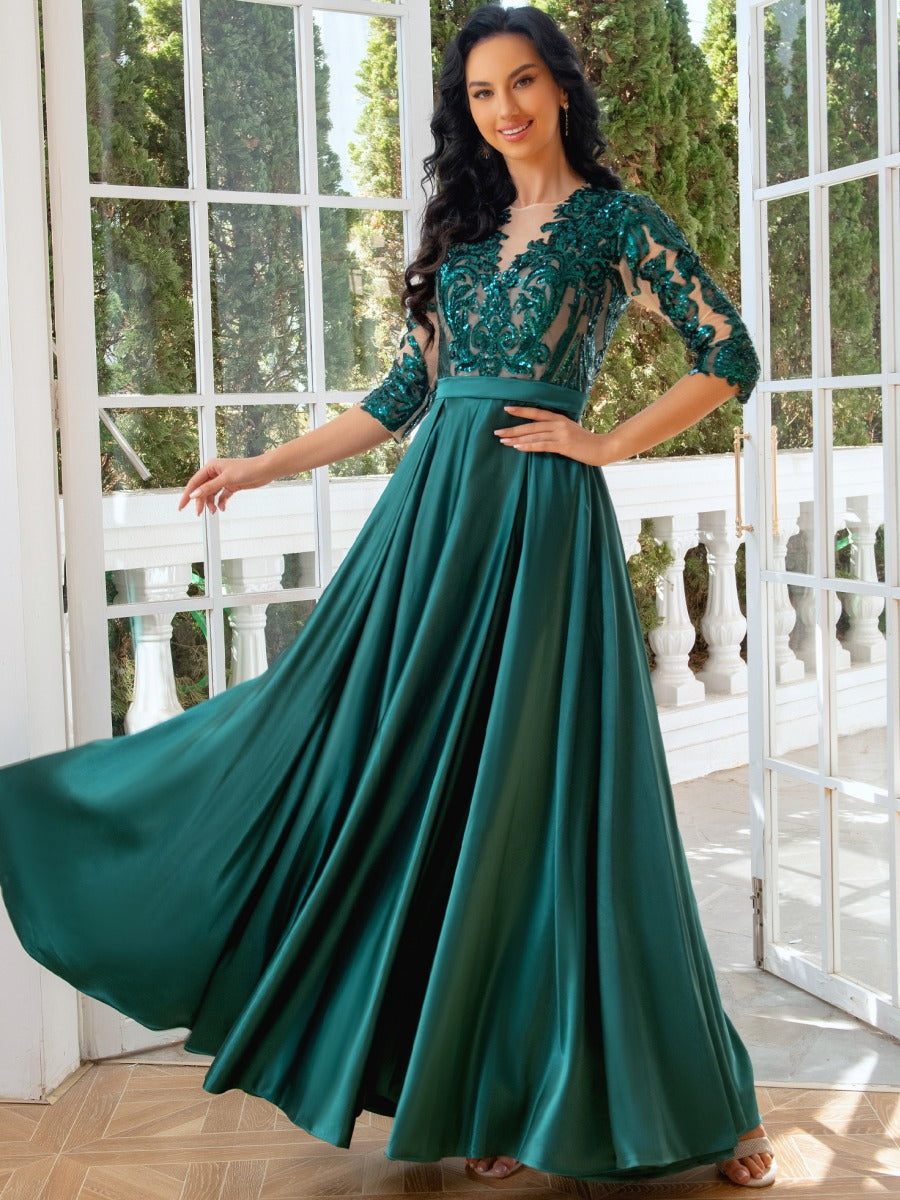 A-Line/Princess Jewel Neck 1/2 Sleeves Floor-Length Pleated Evening Dresses with Sequins & Tulle & Slit