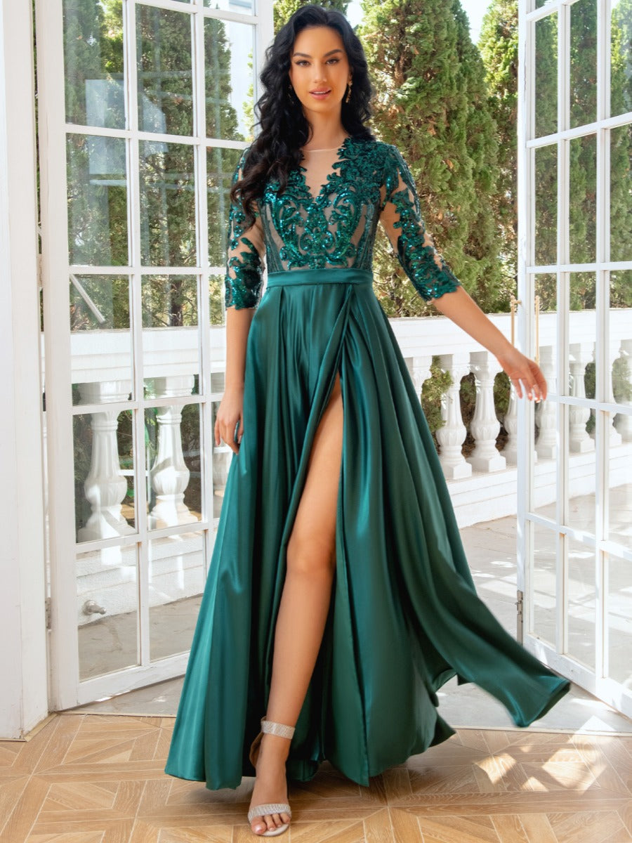 A-Line/Princess Jewel Neck 1/2 Sleeves Floor-Length Pleated Evening Dresses with Sequins & Tulle & Slit
