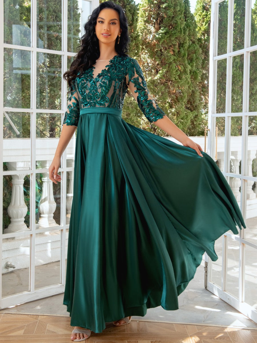 A-Line/Princess Jewel Neck 1/2 Sleeves Floor-Length Pleated Evening Dresses with Sequins & Tulle & Slit