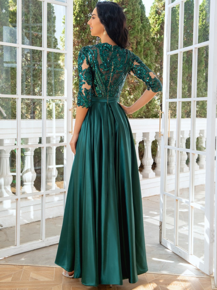 A-Line/Princess Jewel Neck 1/2 Sleeves Floor-Length Pleated Evening Dresses with Sequins & Tulle & Slit