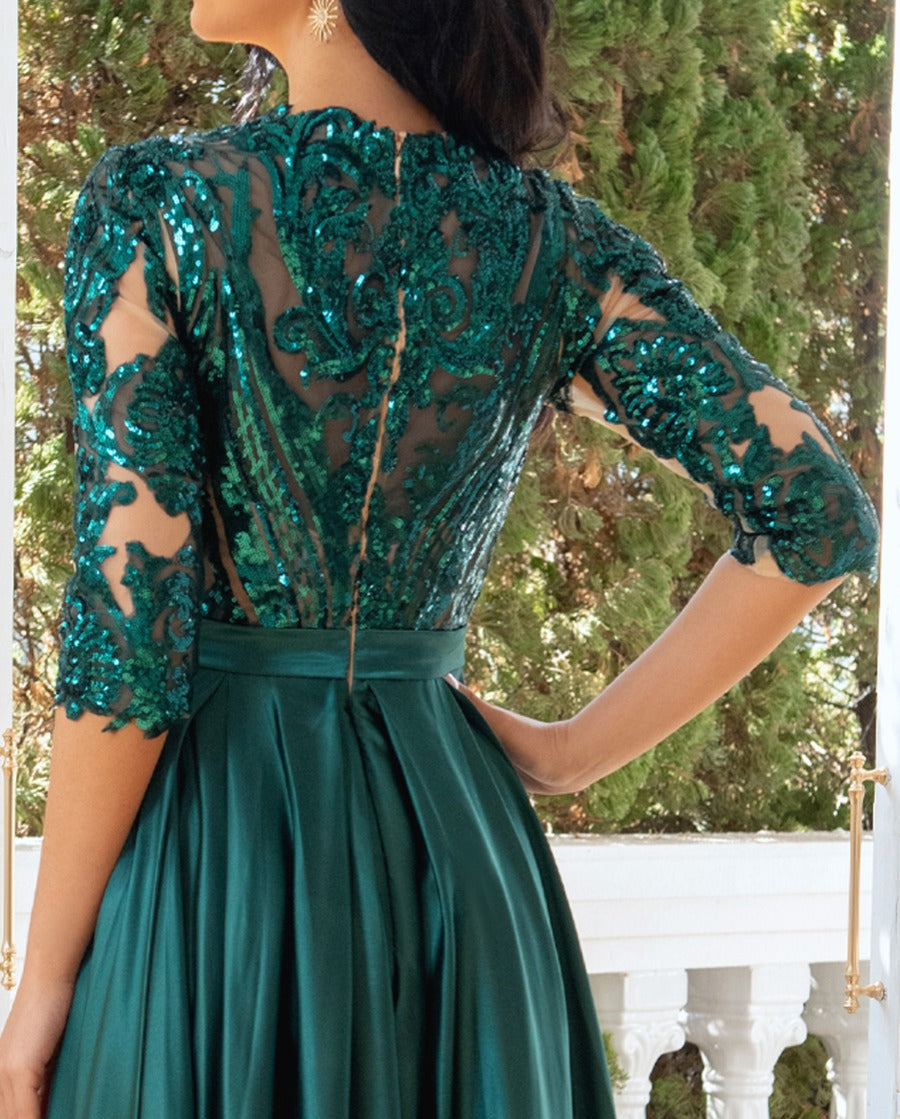 A-Line/Princess Jewel Neck 1/2 Sleeves Floor-Length Pleated Evening Dresses with Sequins & Tulle & Slit