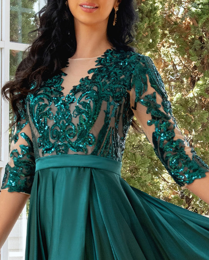 A-Line/Princess Jewel Neck 1/2 Sleeves Floor-Length Pleated Evening Dresses with Sequins & Tulle & Slit