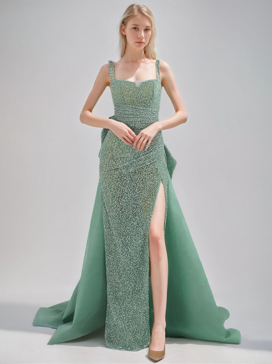 A-Line/Princess Spaghetti Straps Backless Sequined Evening Dresses with High Slit & Bow & Tulle