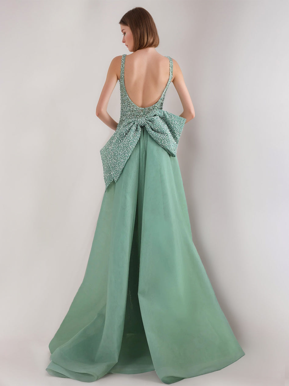 A-Line/Princess Spaghetti Straps Backless Sequined Evening Dresses with High Slit & Bow & Tulle